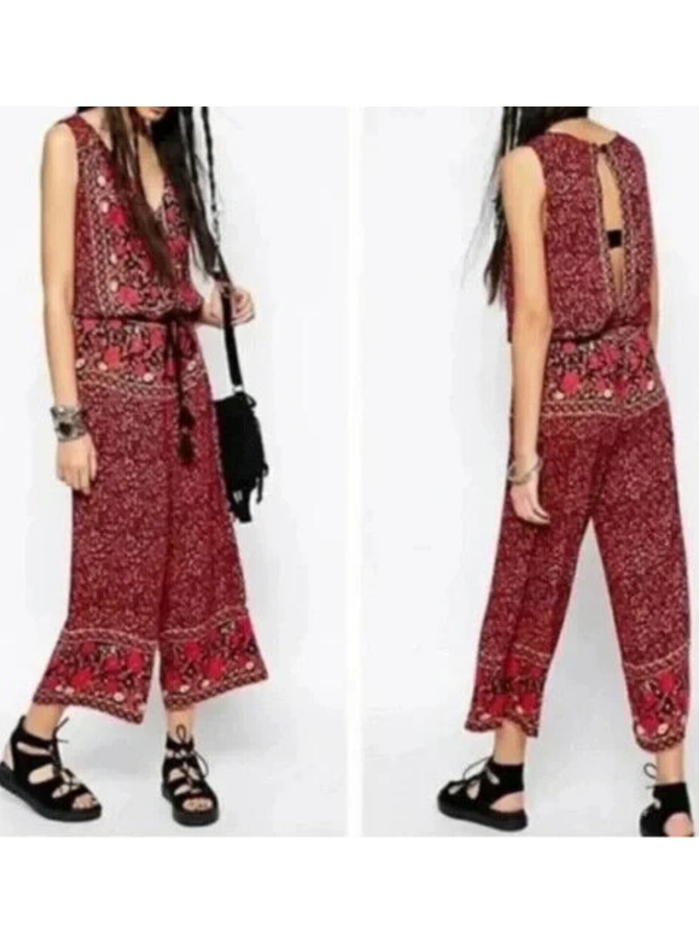 Free People Ditsy Floral Mixed Media Wide-Leg Cropped Jumpsuit L Boho Hippie
